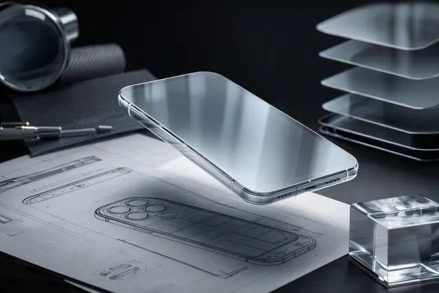 Illustration of a futuristic iPhone concept with a curved edge-to-edge glass display