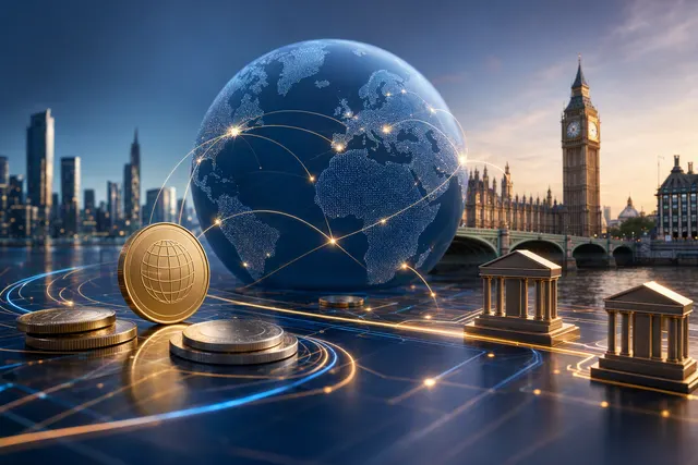 Editorial illustration for an article about stablecoins and cross-border payments