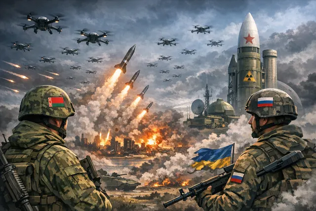 Military and political symbolism representing Belarus's deepening integration into Russia's war against Ukraine, including nuclear drills and warning of a new northern front.