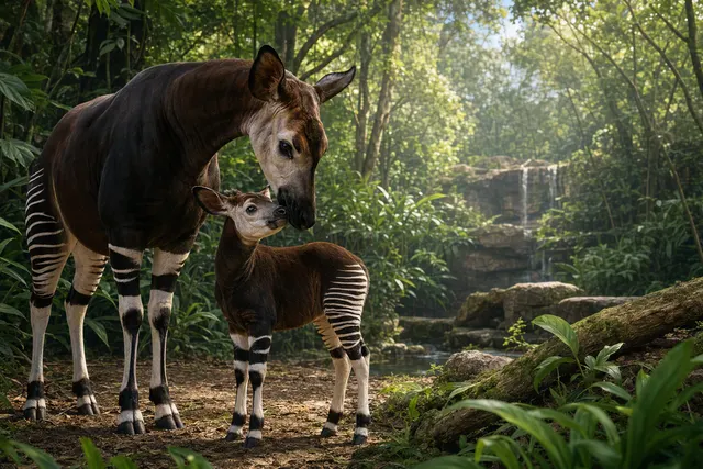 AI-generated illustration accompanying a story about an okapi calf born in Singapore