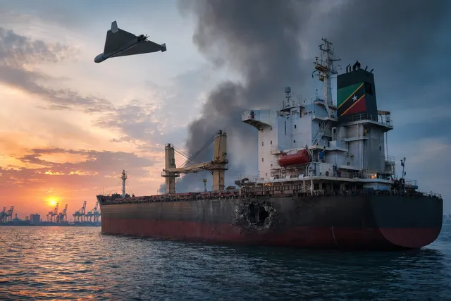 Illustration of a drone attack on a cargo ship near Odesa in the Black Sea