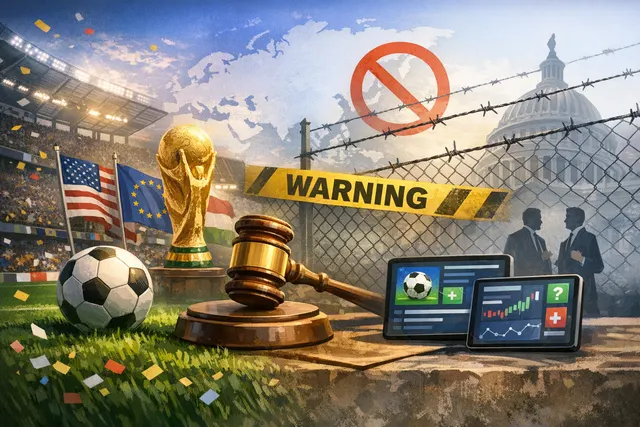 Illustration of a soccer ball hovering above a courtroom gavel and a digital trading interface, representing the regulatory clash over prediction markets during the 2026 FIFA World