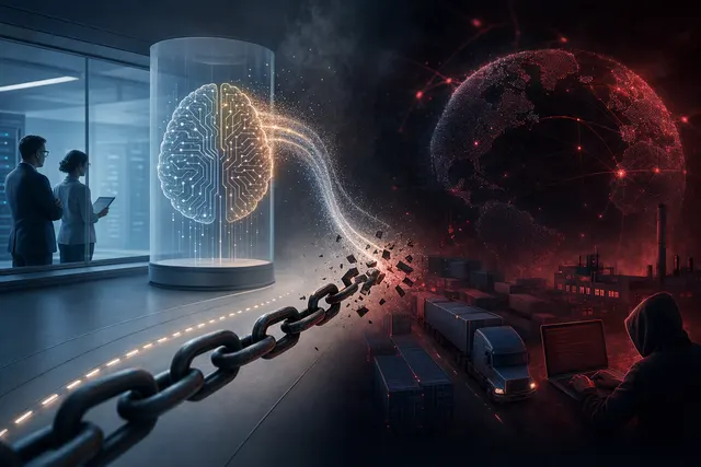 Editorial illustration representing an AI cyber test crossing from a simulated network toward a real GitHub project