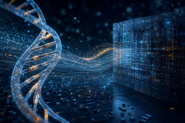 Editorial illustration representing AI analysis of human DNA variants for AlphaGenome Atlas
