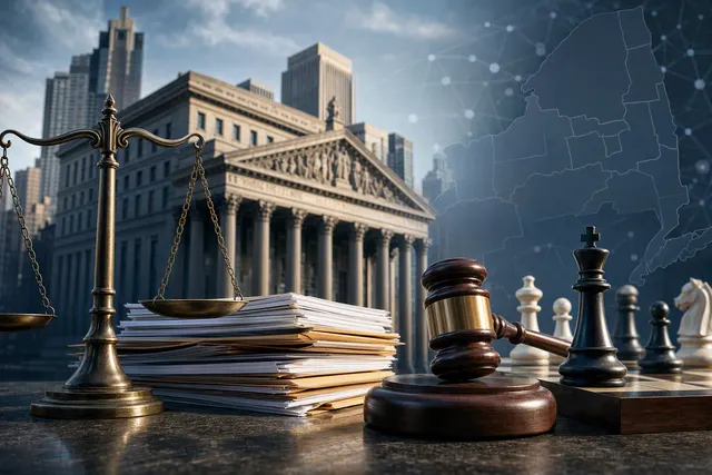 Editorial illustration representing Polymarket’s lawsuit against New York officials over state regulation of prediction markets