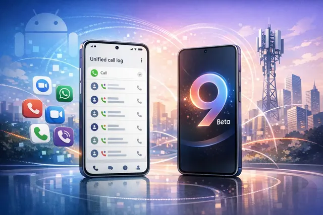 Samsung One UI 9 unified call log interface showing WhatsApp, Google Meet, and cellular calls together