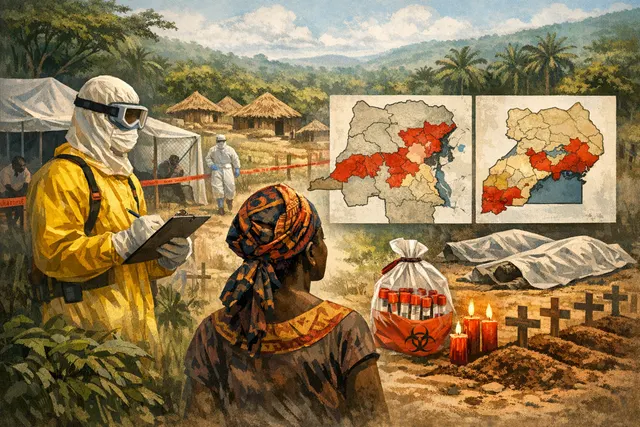 Illustration of the Bundibugyo Ebola virus structure and a map of the DRC-Uganda outbreak zone.