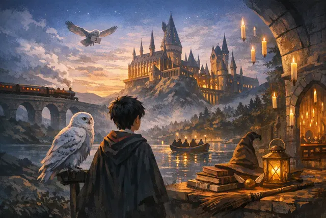 Harry Potter, Ron Weasley and Hermione Granger arriving at Hogwarts in an editorial illustration for HBO’s 2026 television adaptation