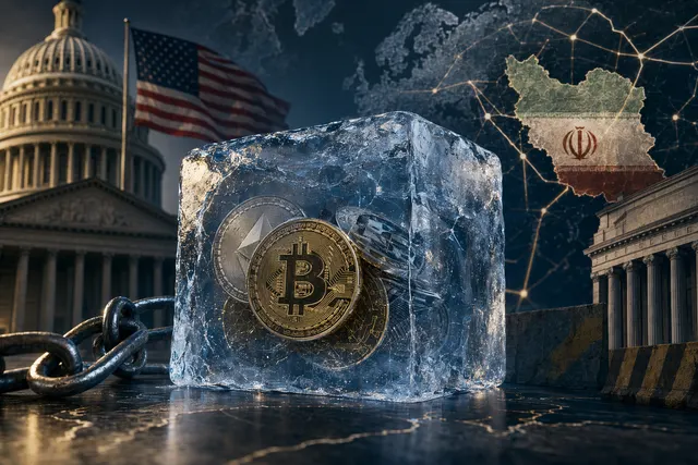 Illustration of cryptocurrency wallets being frozen by sanctions enforcement