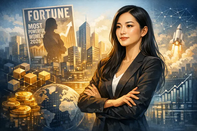 Binance co-founder and co-CEO Yi He in a modern office setting, representing her role as the first crypto-native executive on Fortune's Most Powerful Women list