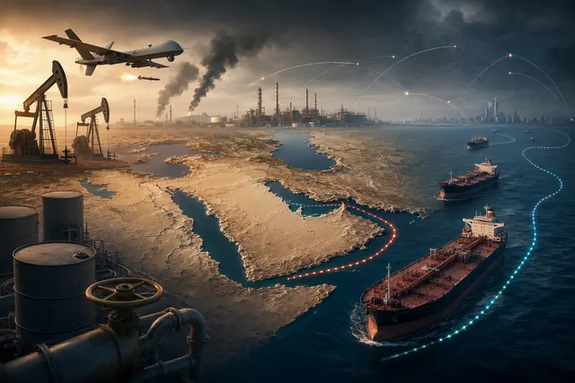 Editorial illustration of disrupted oil infrastructure and tanker routes amid the Middle East energy crisis