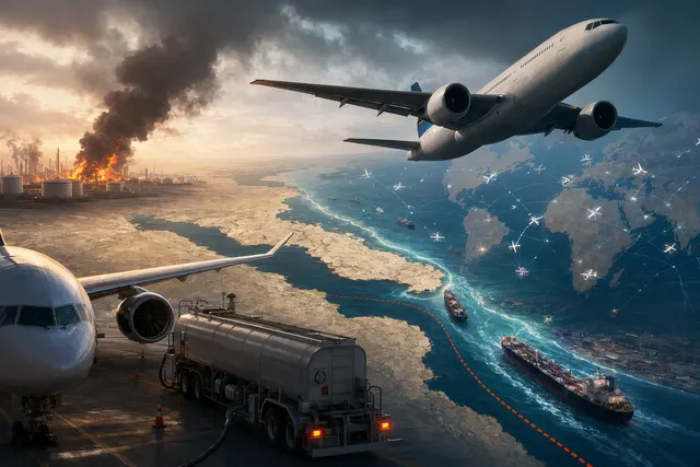 Commercial airplanes flying amid a global aviation fuel crisis linked to Middle East conflict