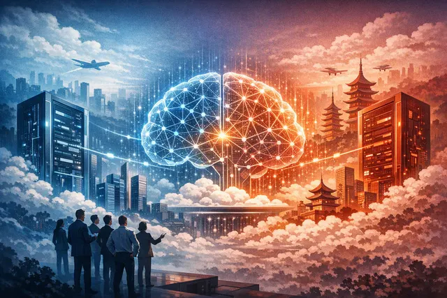 Editorial illustration representing Alibaba Cloud's Qwen2.5-Max AI model and the intensifying global frontier-model competition
