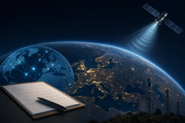 Illustration of mobile-network infrastructure connecting with satellites above Europe