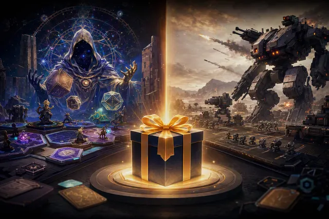 AI-generated editorial illustration accompanying the Astrea and Mechabellum Epic Games Store giveaway
