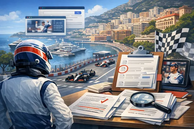 A dramatic aerial view of the Monaco Grand Prix pit lane and track, representing the 77-centimetre measurement error that cost Pierre Gasly his podium.