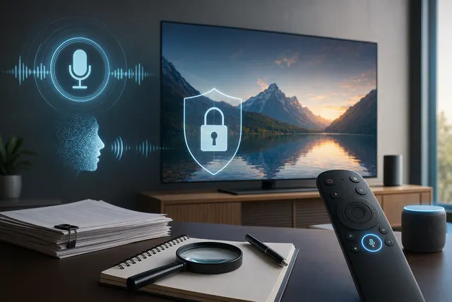 Editorial illustration of an LG-style smart television and privacy data signals