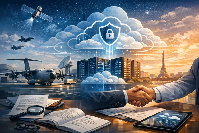 AI-generated editorial hero image showing a stylized European cloud infrastructure concept with an Airbus aircraft silhouette, representing the move to sovereign cloud