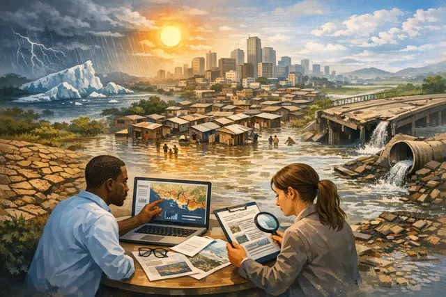 A flooded street in a West African coastal city after heavy rainfall, with buildings partly submerged and residents wading through murky water, illustrating the impact of extreme w
