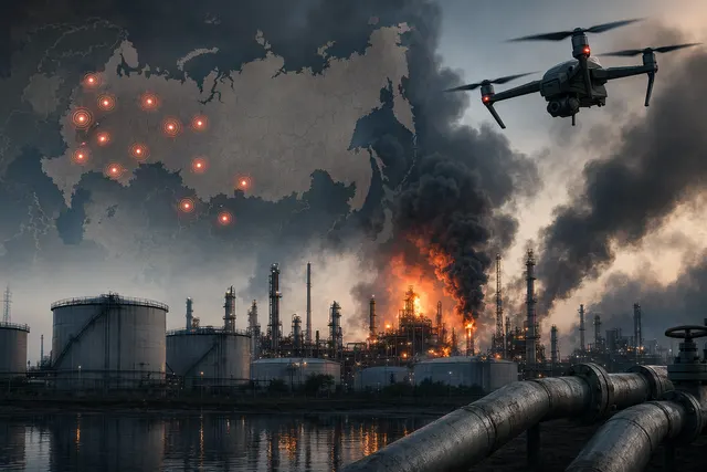 Illustration of drone attacks striking oil refineries representing Ukraine’s strikes on Russian energy infrastructure