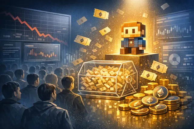 Illustration of a crowded blockchain NFT raffle with Ethereum symbols and digital collectibles