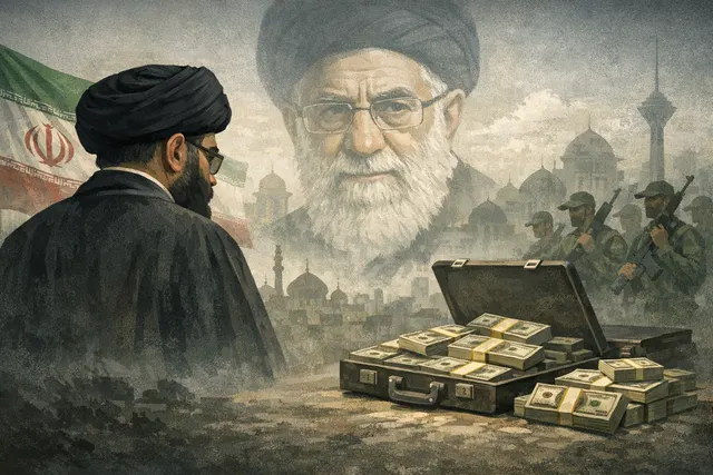 An editorial illustration representing the unseen leadership of Iran's Supreme Leader Mojtaba Khamenei against a backdrop of diplomacy and frozen assets.