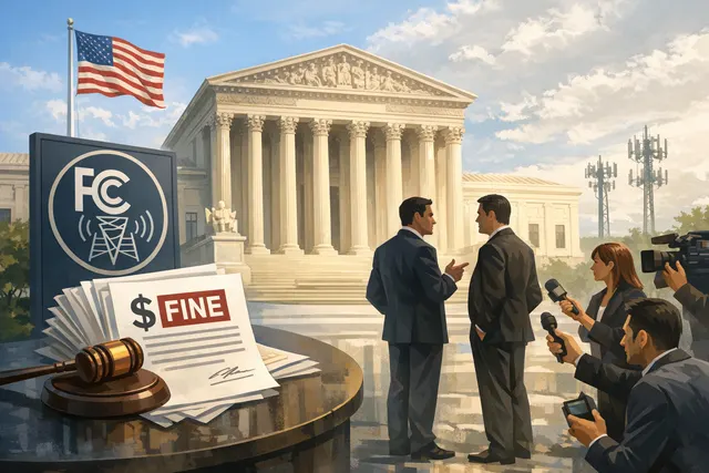 Supreme Court building illustration with wireless signal and privacy symbols, representing the 2026 ruling on FCC fines for location data sharing.