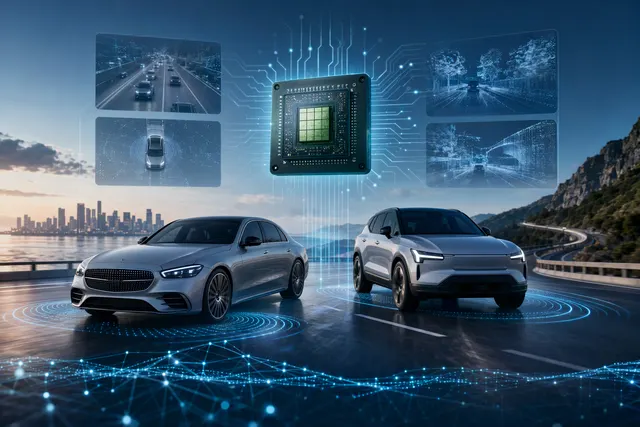 Illustration of an automated car driving through a city, representing Nvidia’s partnerships with Mercedes-Benz and Volvo.