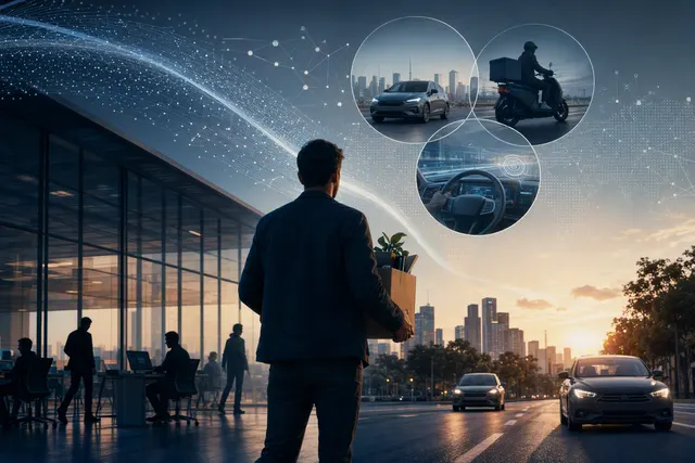 Editorial illustration representing Uber’s workforce restructuring and robotaxi strategy