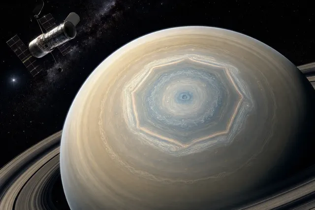 Editorial illustration of Saturn highlighting a geometric atmospheric wave near its south pole