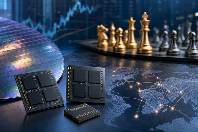 Editorial illustration for an analysis of memory-chip competition and the Samsung and SK Hynix selloff