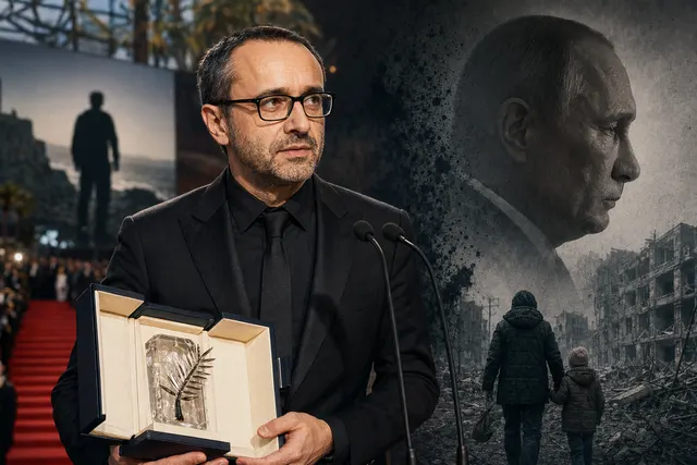 Illustration of a Cannes Film Festival stage moment referencing Andrey Zvyagintsev’s anti-war speech after winning the Grand Prix for Minotaur