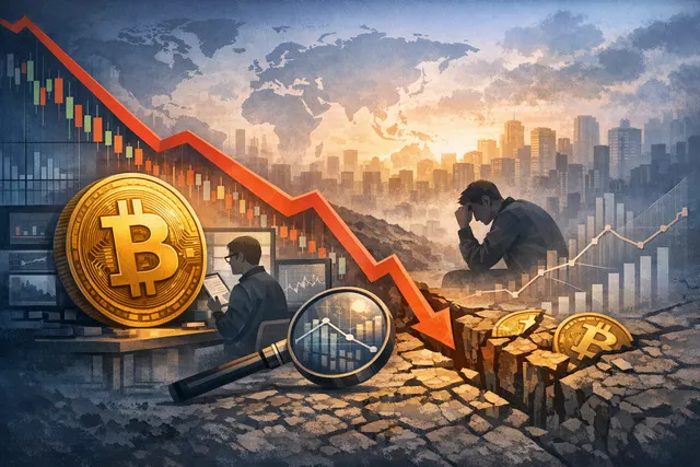 Abstract visualization of the Bitcoin market disconnect: a downward-trending price chart in red juxtaposed with an upward-trending transaction activity chart in blue, with small ic
