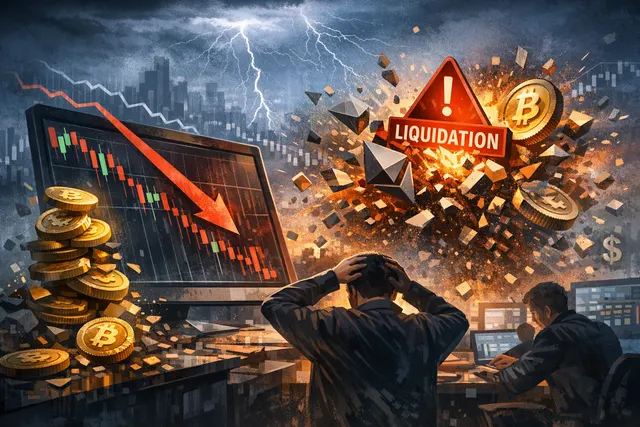 Digital illustration of a downward-spiraling Bitcoin graph shattering through a key support level amid a cascade of liquidations.