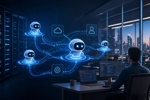 AI-generated illustration accompanying an article about Primo’s autonomous corporate IT agents