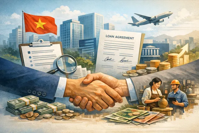 AI-generated image representing the ADB and HDBank $100 million loan agreement, with symbols of finance, growth, and women-owned businesses in Vietnam.