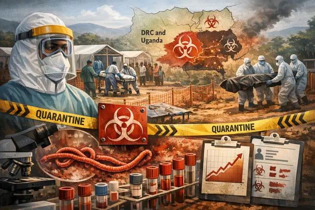 Map of the Democratic Republic of the Congo and Uganda highlighting the 2026 Ebola outbreak zones in Ituri, North Kivu, South Kivu, and Kampala