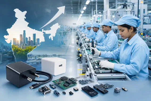 Illustration of a smartphone component and charger manufacturing facility representing Lava’s new Noida plant