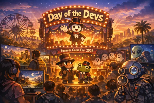 A colorful collage of the top indie games featured at Day of the Devs 2026, including Super Yooka-Laylee Kart and Mr. Records.