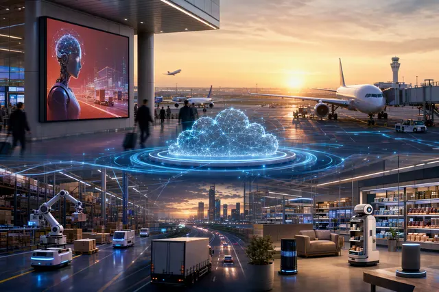 Editorial illustration of JD Cloud’s physical AI strategy connecting robots, logistics and retail operations