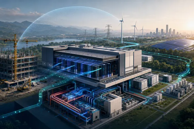 Illustration of an AI data center linking computing equipment with power infrastructure and cooling systems