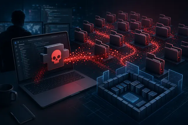 Illustration of a malicious VS Code extension compromising GitHub repositories in a supply chain attack