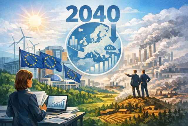 A stylized scale weighing a factory and carbon credits against a green EU flag, illustrating the tension between industrial emissions and international climate offsets.