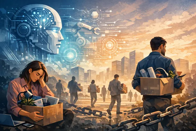 Conceptual illustration of AI replacing human roles in tech companies, with figures representing workers and AI agents side by side.