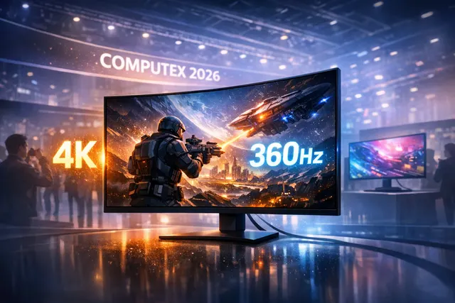 Conceptual image of a Samsung 31.5-inch QD-OLED monitor panel with 4K 360 Hz specifications, V-Stripe sub-pixel structure, and dual-mode 680 Hz capability shown in a dark, premium