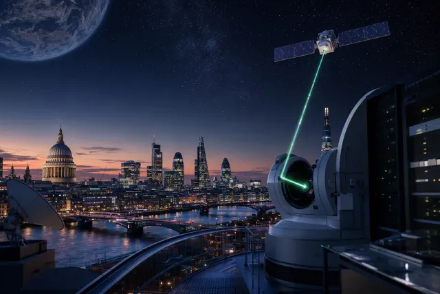 Editorial illustration accompanying an article about Foundational’s satellite laser-ranging technology.