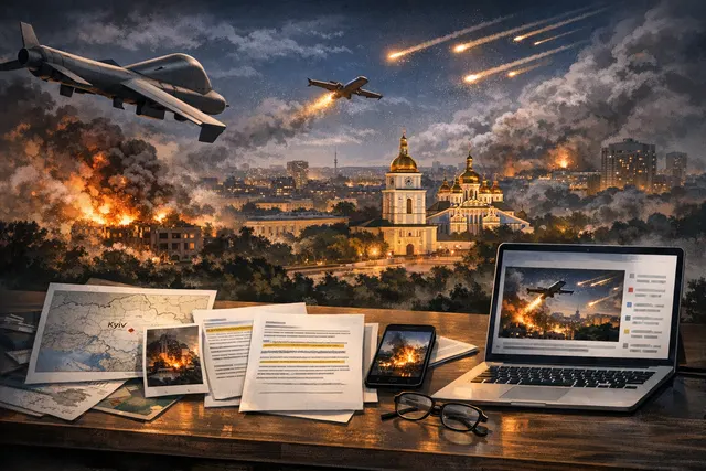 A digitally generated editorial image depicting a nighttime aerial attack on a city skyline, with search-and-verify interface overlays representing the fact-checking and source-bas
