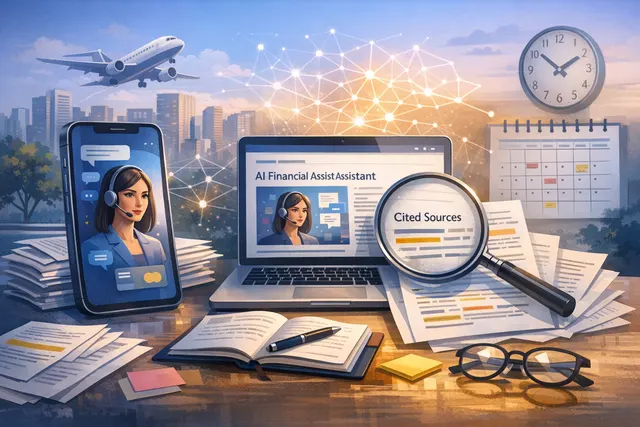 Abstract digital visualization of a conversational AI assistant integrated into a mobile banking interface, representing Visa's AI Financial Assistant.