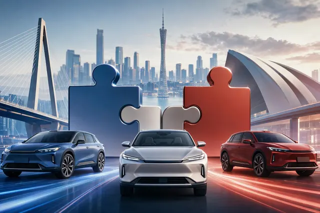 Editorial illustration of GAC, FAW and Toyota operations converging in China’s auto market
