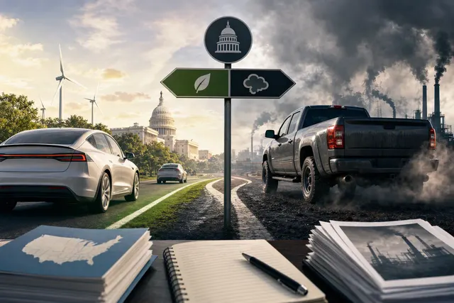 Editorial illustration accompanying an article about proposed U.S. fuel-economy standards for cars and light trucks.